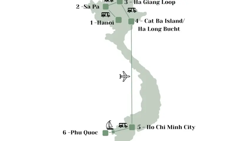 Reiseroute durch Vietnam: Hanoi, Sa Pa, Ha Giang Loop, Cat Ba Island/Ha Long Bucht, Ho Chi Minh City & Phu Quoc. Highlights einer unvergesslichen Reise.