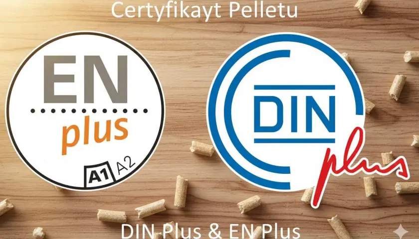 Certyfikat pelletu DIN Plus i EN Plus. Dwa okręgi z napisami "EN plus" i "DIN plus" na drewnianym tle, otoczone pelletem.