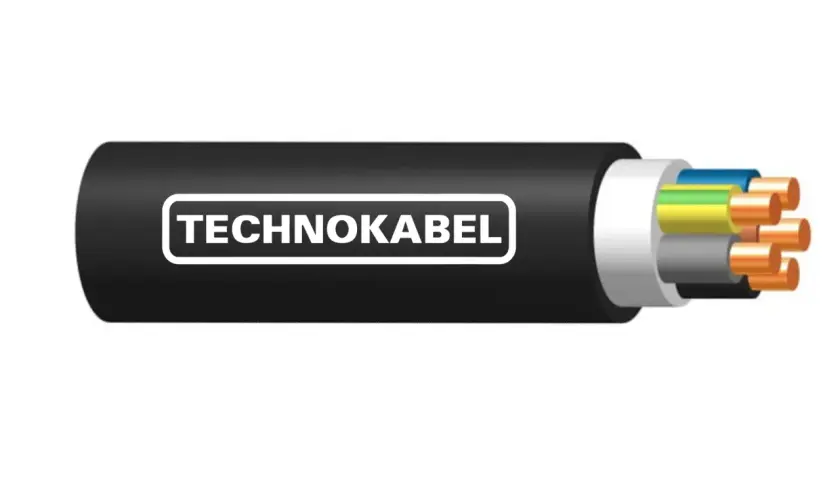 Przekrój kabla TECHNOKABEL z widocznymi żyłami w izolacjach: brązowej, niebieskiej, żółto-zielonej i szarej.