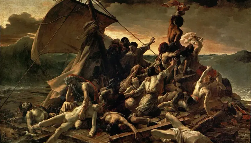 Rozbitkowie na tratwie walczą o życie. Dramatyczne **światło i mrok** podkreślają ich desperację i walkę z żywiołem.