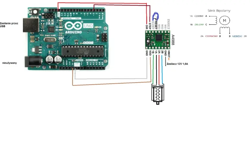 Schemat połączenia Arduino z modułem A4988, sterownikiem silnika krokowego, i silnikiem bipolarnym.