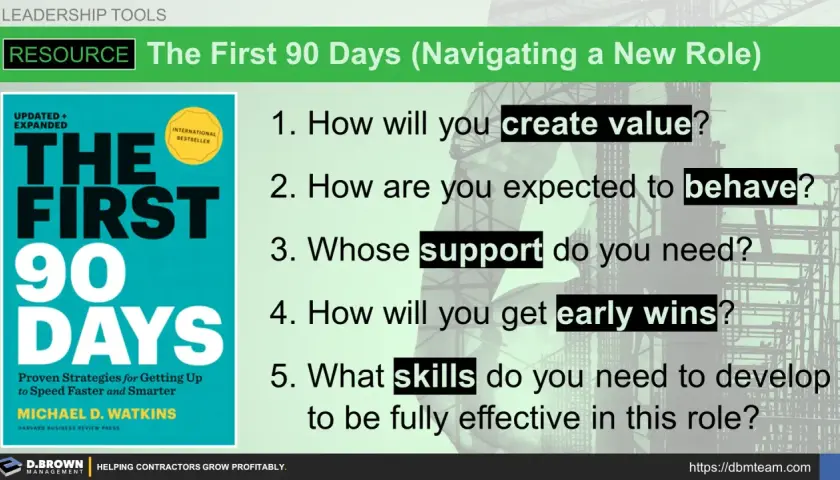 Book cover "The First 90 Days" and 5 questions for navigating leadership changes, focusing on creating value and developing skills.