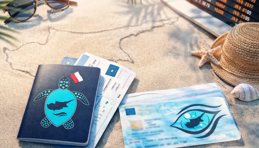 Paszport z motywem żółwia i flagą Polski, bilety lotnicze i karta pokładowa na tle plaży. Czy na Cypr potrzebny jest paszport? Tak, dla obywateli spoza UE.