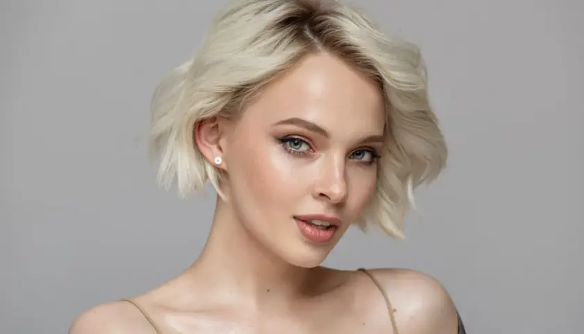 Mujer joven con piel blanca, ojos marrones y cabello rubio platino.