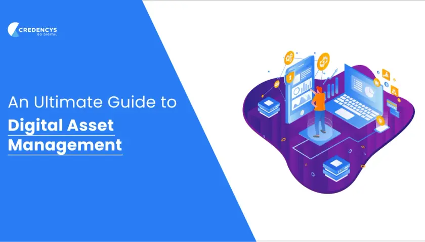 Guide ultime sur la gestion des actifs numériques, avec une illustration isométrique montrant des appareils connectés et des icônes de données.