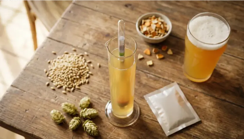Ingrédients pour une bière sans orge : houblon, malt, levure et écorces d'orange. Un verre de bière dorée et un densimètre complètent la scène.