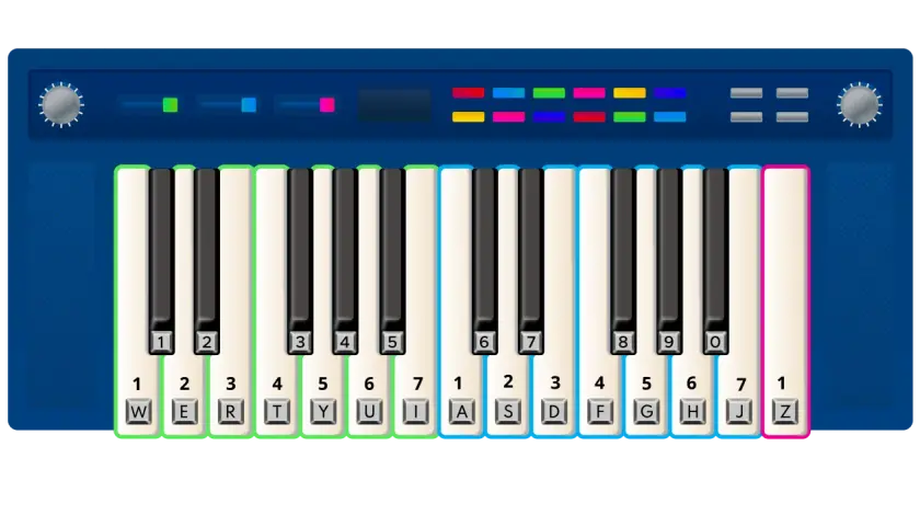 Wirtualne pianino online z klawiaturą komputerową. Graj muzykę naciskając klawisze W, E, R, T, Y, U, I, A, S, D, F, G, H, J, Z.
