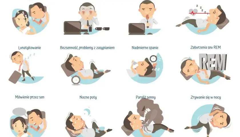 Ilustracje pokazują różne problemy ze snem: chrapanie, niedobory snu, nadmierną senność, bezdech senny, lunatykowanie, bezsenność, nadmierne spanie, zaburzenia snu REM, mówienie przez sen, nocne poty, paraliż senny i zrywanie się w nocy.