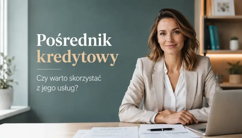 Uśmiechnięta kobieta w jasnej marynarce siedzi przy biurku z laptopem. Tekst: "Pośrednik kredytowy. Czy warto skorzystać z jego usług?".
