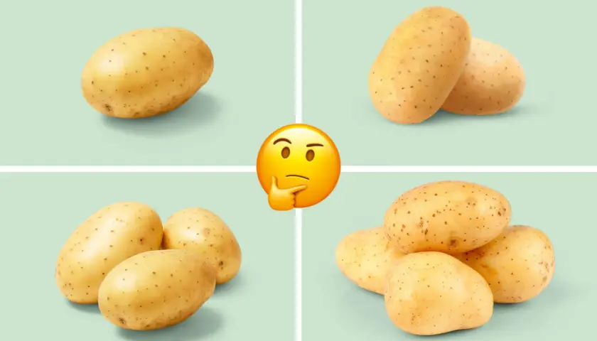 En tankfull emoji funderar på hur mycket potatis per person som behövs. Fyra bilder visar olika mängder potatis.