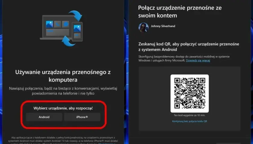 Aplikacja "Łącze z telefonem" pokazuje, jak połączyć telefon z wieżą przez bluetooth. Wybierz Android lub iPhone, by rozpocząć. Po prawej zeskanuj kod QR.