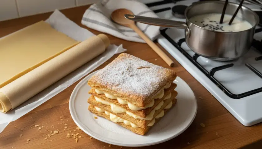 Un mille-feuille prêt à être dégusté, avec de la pâte feuilletée et de la crème pâtissière. On se demande si peut on faire un mille-feuille la veille pour un plaisir garanti.