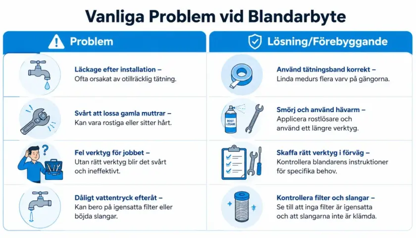 Vanliga problem vid byta duschblandare: läckage, rostiga muttrar, fel verktyg, dåligt vattentryck. Lösningar: täta rätt, smörj, använd rätt verktyg, kontrollera filter.