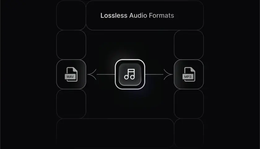 Vergleich von Audioformaten: WAV vs. MP3. Die Grafik zeigt, wie WAV und MP3 als verlustfreie Audioformate dargestellt werden.