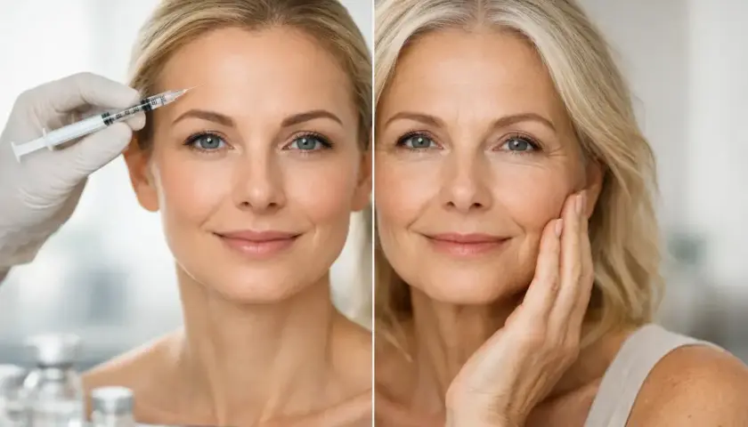 Före och efter-bilder visar en kvinna som får botox i pannan. Bilden till höger visar samma kvinna med mer åldrade drag.