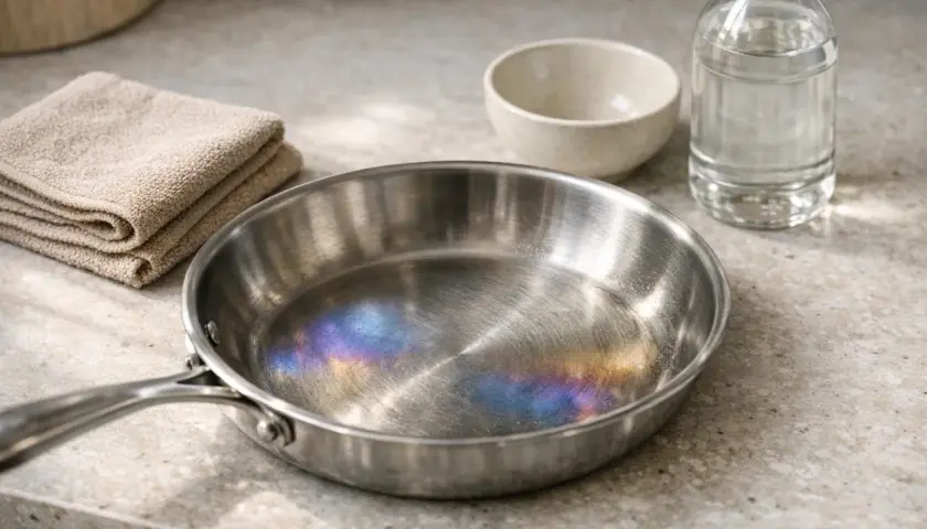 Casserole inox aux reflets irisés, comme des taches bleues, prête pour un nettoyage. À côté, une serviette pliée et un petit bol.