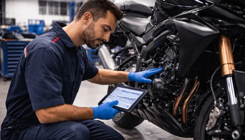 Mecánico revisa datos en tablet mientras examina un motor 4 tiempos que arranca y se para.
