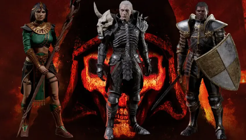 Trzy ikoniczne diablo 2 postacie: Amazonka, Nekromanta i Paladyn, stoją na tle płonącego symbolu.