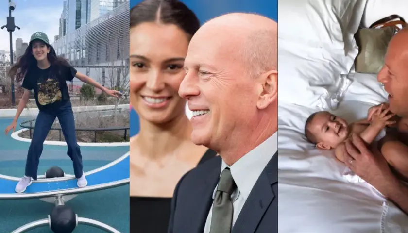 Emma Heming z dziećmi: córka na placu zabaw, ona i Bruce Willis, oraz Bruce z niemowlęciem.