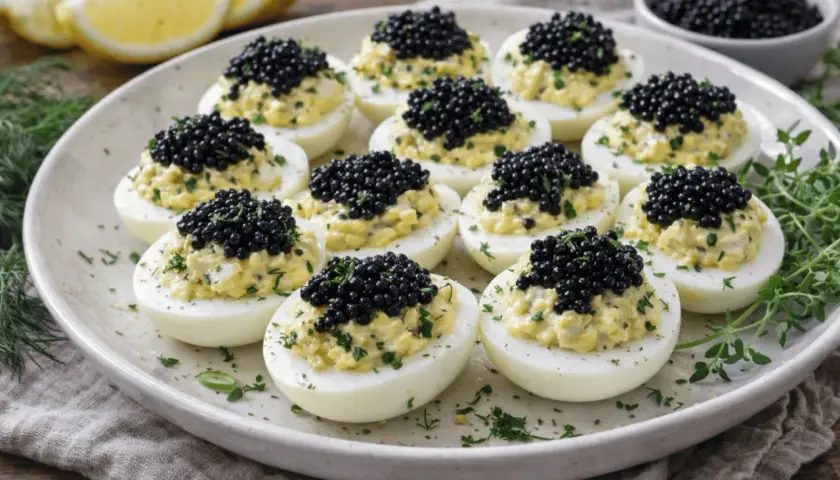 Eleganckie jajka z kawiorem, udekorowane natką pietruszki, prezentują się wyśmienicie.
