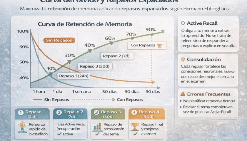 Gráfico de la curva del olvido y repasos espaciados, clave para oposiciones. Muestra cómo la retención de memoria mejora con repasos.