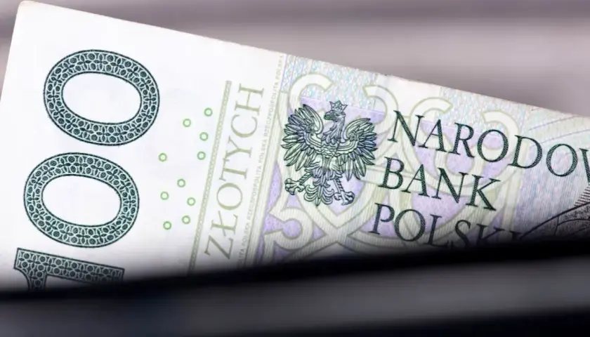 Fragment polskiego banknotu 100 zł z godłem orła i napisem Narodowy Bank Polski.
