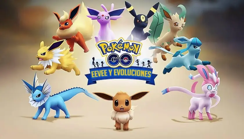 Wszystkie ewolucje Eevee, w tym Vaporeon, Jolteon, Flareon, Espeon, Umbreon, Leafeon, Glaceon i Sylveon, prezentowane w grze Pokémon GO.