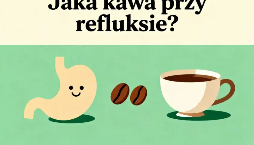 Uśmiechnięty żołądek, ziarna kawy i filiżanka. Czy można pić kawę przy refluksie? Dowiedz się, jaka kawa jest najlepsza.
