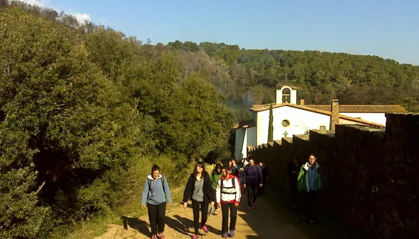 Un grupo de excursionistas camina por un sendero rural hacia una ermita blanca con un campanario. El paisaje es verde y montañoso, con árboles y vegetación. El sol brilla en un cielo azul claro. La ruta parece ser un camino de peregrinación, quizás hac...
