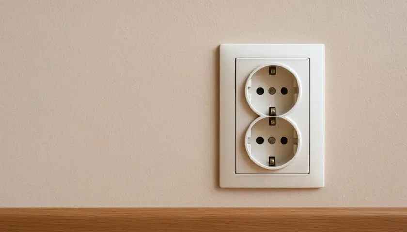 Białe podwójne gniazdko elektryczne na jasnej ścianie, zamontowane na standardowej wysokości.