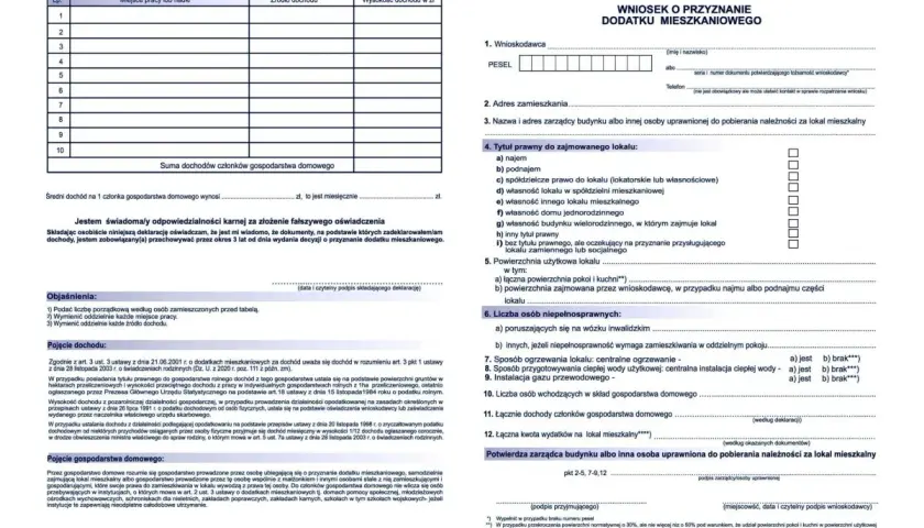 Wniosek o przyznanie dodatku mieszkaniowego. Formularz zawiera dane wnioskodawcy, adres, tytuł prawny do lokalu, dochody i wydatki.