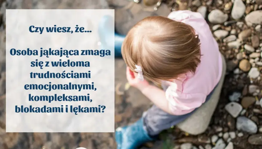 Dziecko z kokardką na głowie. Tekst: "Osoba jąkająca zmaga się z wieloma trudnościami emocjonalnymi, kompleksami, blokadami i lękami?". Dowiedz się, jak przestać się jąkać.