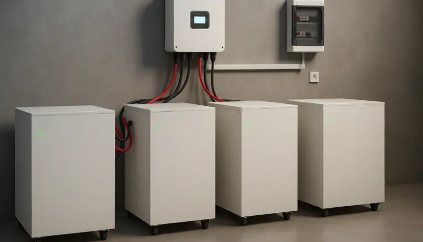 Nowoczesny magazyn energii 20 kWh cena. System baterii z falownikiem i skrzynką rozdzielczą na ścianie.