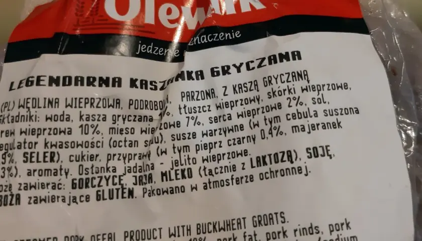 Legendarna kaszanka z kaszą gryczaną, wieprzowiną i podrobami. Składniki: woda, kasza gryczana, tłuszcz wieprzowy, skórki wieprzowe.