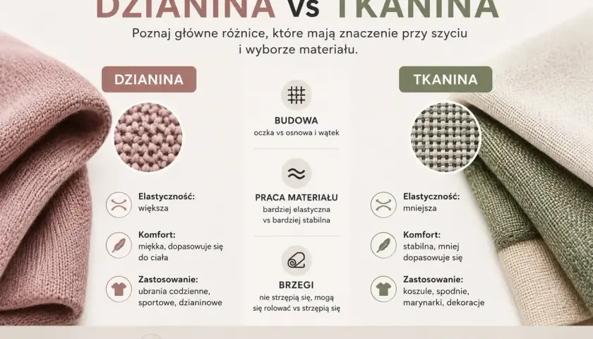 Porównanie dzianiny i tkaniny: budowa, elastyczność, komfort i zastosowanie. Dzianina jest miękka i elastyczna, tkanina stabilna.