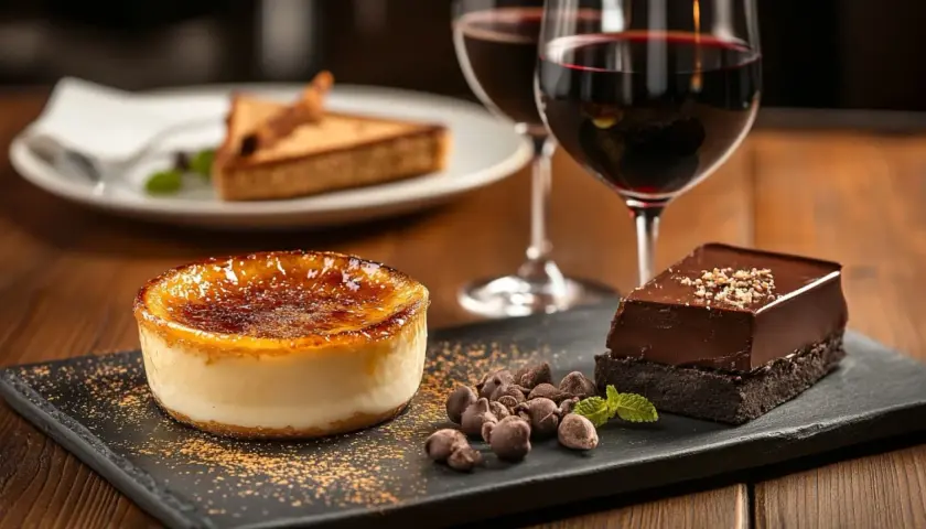 Un délice sucré : crème brûlée, gâteau au chocolat et deux verres de vin rouge. Quel vin rouge avec dessert ? L'accord parfait pour un moment gourmand.