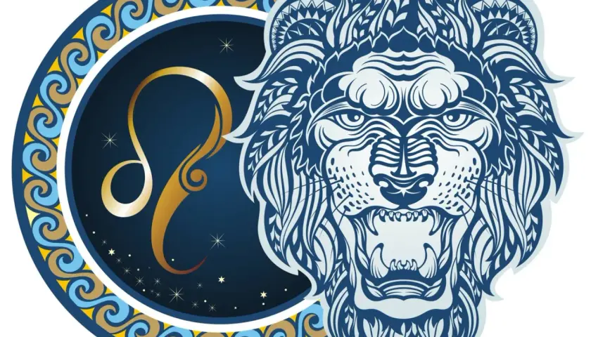 Znak zodiaku sierpień: złoty symbol Lwa na tle nocnego nieba i stylizowana głowa lwa.