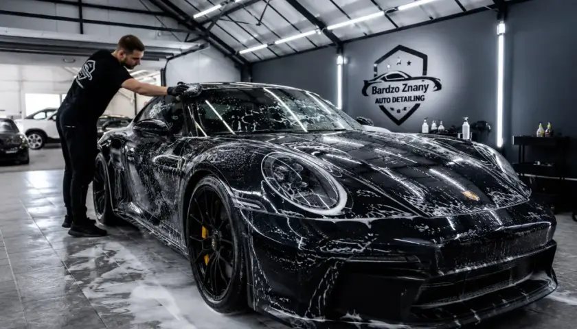 Mężczyzna myje czarne izera auto w garażu. Piana pokrywa lśniący lakier, zapowiadając perfekcyjne wykończenie.