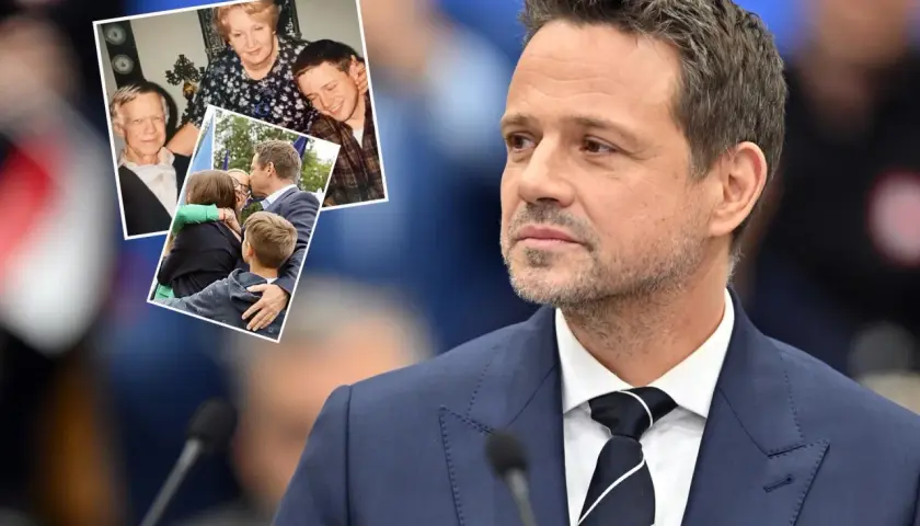 Rafał Trzaskowski w garniturze, obok zdjęcia z rodziną: rodzicami i dziećmi.
