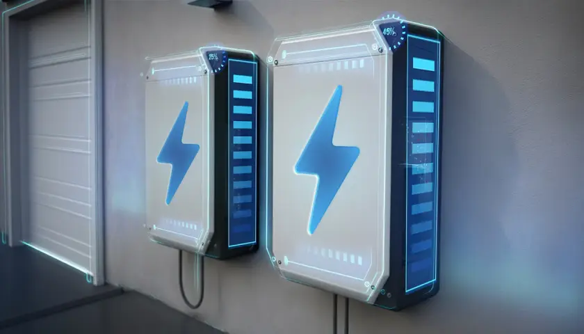 Dwa nowoczesne magazyny energii do fotowoltaiki, z wyświetlaczami pokazującymi poziom naładowania. Ranking najlepszych rozwiązań.