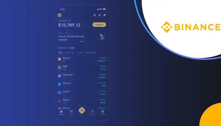 Aplikacja Binance pokazuje saldo 10 789,12 USD i listę kryptowalut, w tym Bitcoin. Dowiedz się, binance co to jest i jak zacząć inwestować.