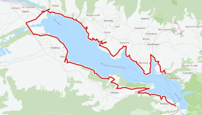 Mapa z zaznaczonymi trasami velo Polska wokół Jeziora Czorsztyńskiego.