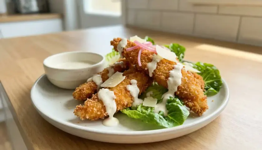 Krispiga bitar av panerad kyckling från airfryer serveras på salladsbädd med krämig dressing och parmesan. Enkelt och gott!