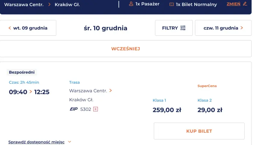 Promocje na bilety PKP: Warszawa - Kraków, śr. 10 grudnia. SuperCena na klasę 2 za 29 zł.