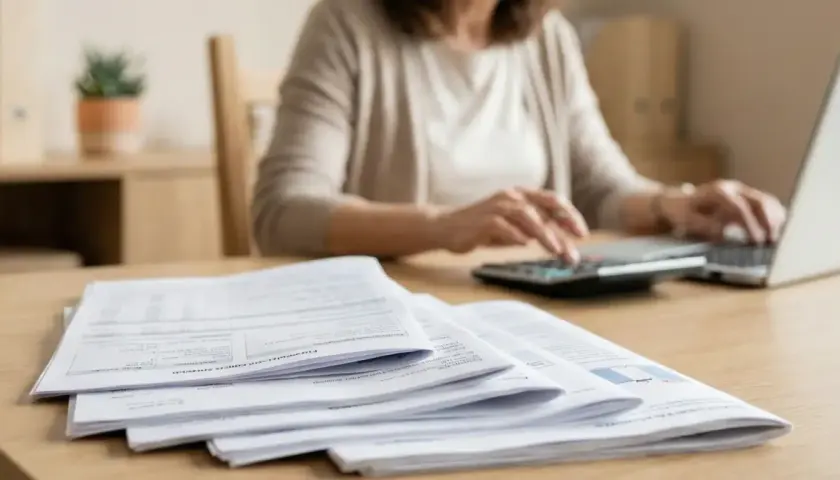 Kobieta liczy na kalkulatorze i pisze na laptopie, analizując dokumenty. Czy to podsumowanie, ile zarabia nauczyciel w przedszkolu?