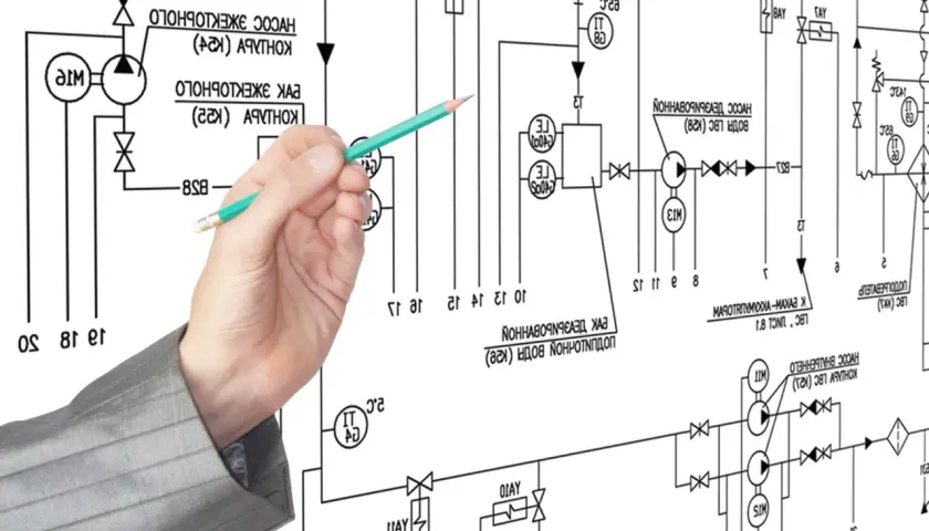 Main d'un homme en costume pointant un schéma technique complexe avec un crayon. Le schéma représente un système de tuyauterie et de vannes, avec des symboles et du texte. Le va et vient des fluides est représenté par des flèches.