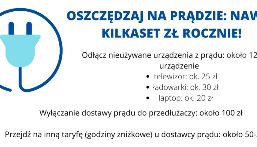 Niebieski symbol wtyczki elektrycznej w okręgu, obok tekstu o oszczędzaniu prądu.