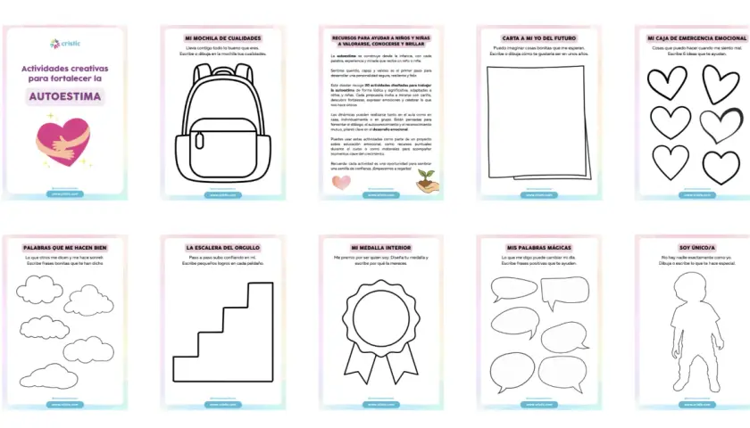 Actividades para fortalecer la autoestima: mochila de cualidades, carta a mi yo futuro, caja de emergencia emocional, escalera del orgullo, medalla interior, palabras mágicas y más.