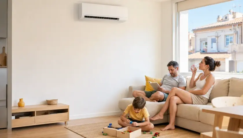 Familia relajada en un salón con un cool aire acondicionado. El padre lee, la madre bebe agua y el hijo juega.