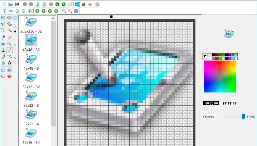 Program do tworzenia ikon, gdzie na siatce pikseli powstaje grafika przypominająca tablet z niebieskim ekranem. Widać różne rozmiary ikon do wyboru.